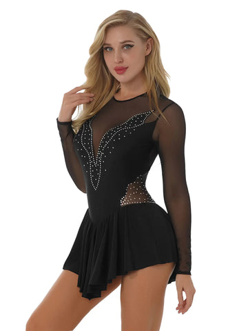 Women Rhinestone Mesh Long Sleeve Ruffle Figure Skating Leotard Dress