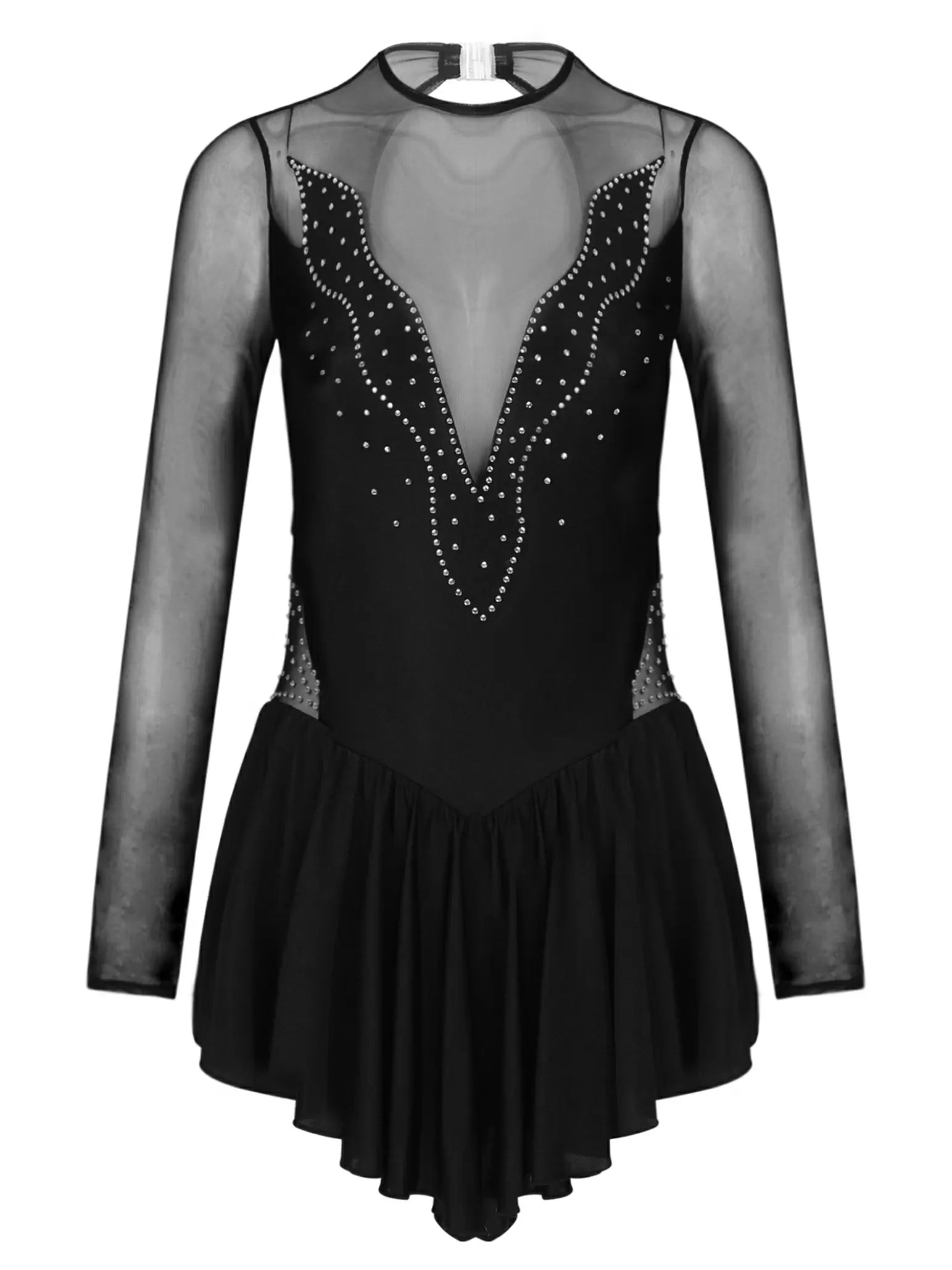 Women Rhinestone Mesh Long Sleeve Ruffle Figure Skating Leotard Dress