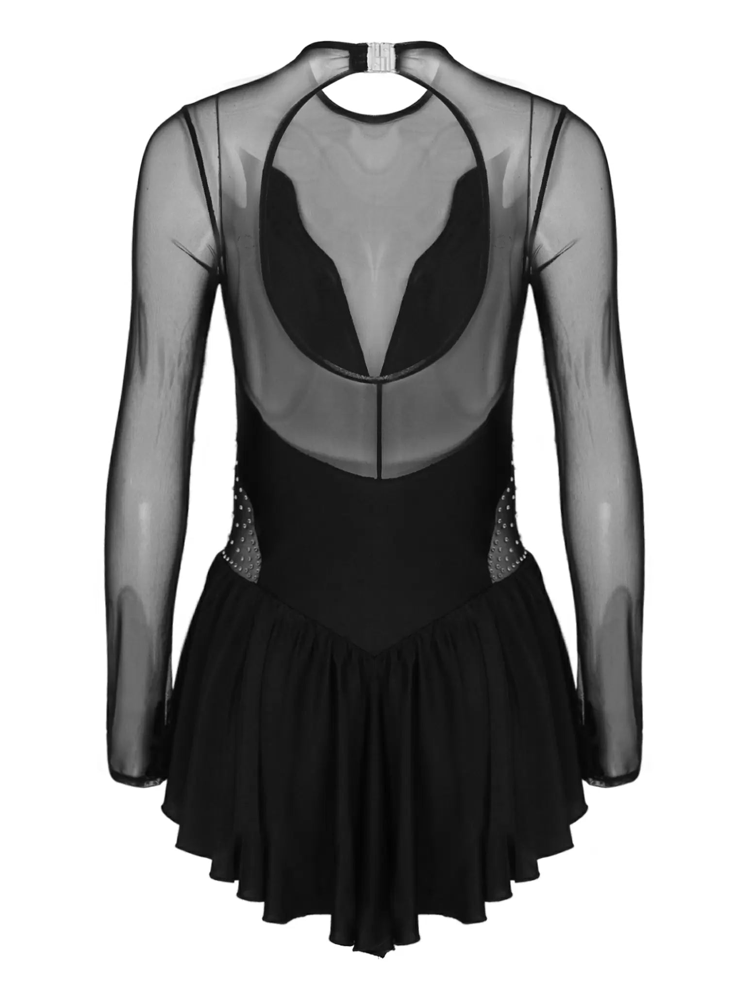 Women Rhinestone Mesh Long Sleeve Ruffle Figure Skating Leotard Dress