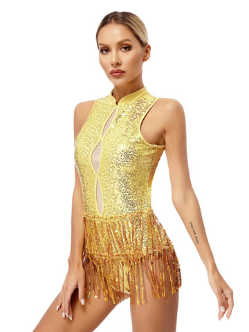 Women Sleeveless Backless Sequins Tassel Ballet Jazz Dance Leotard