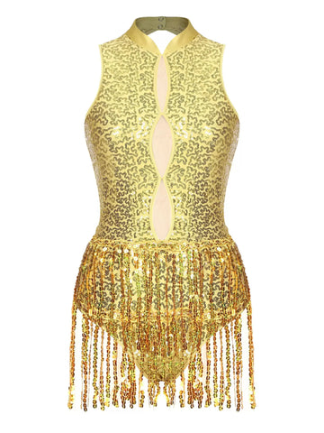 Women Sleeveless Backless Sequins Tassel Ballet Jazz Dance Leotard