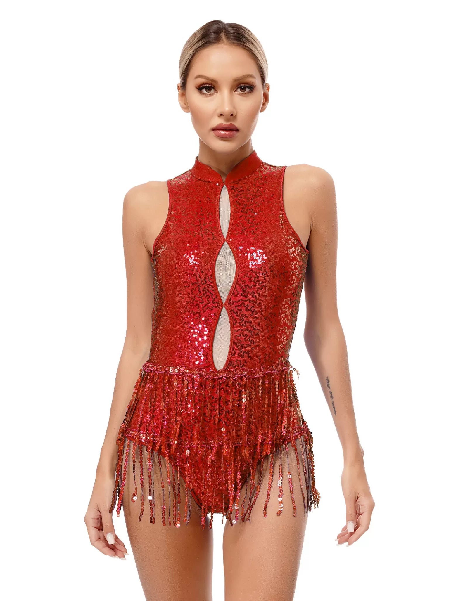 Women Sleeveless Backless Sequins Tassel Ballet Jazz Dance Leotard