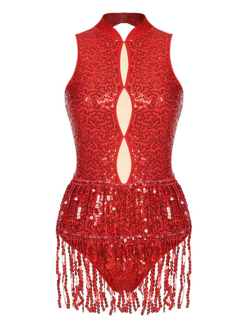 Women Sleeveless Backless Sequins Tassel Ballet Jazz Dance Leotard