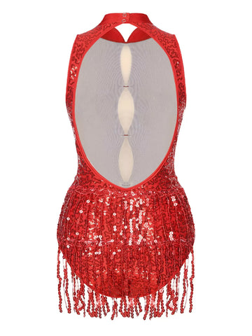 Women Sleeveless Backless Sequins Tassel Ballet Jazz Dance Leotard