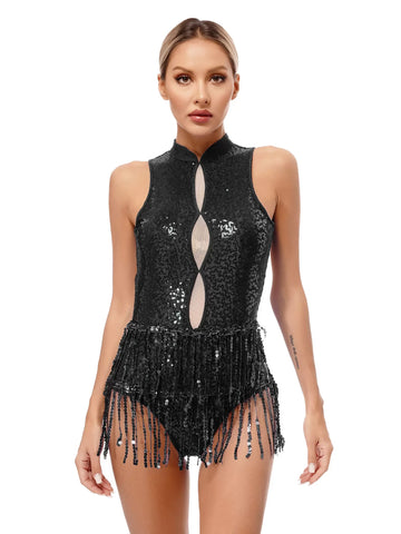 Women Sleeveless Backless Sequins Tassel Ballet Jazz Dance Leotard