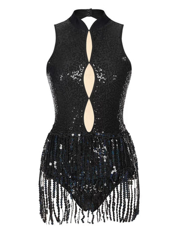 Women Sleeveless Backless Sequins Tassel Ballet Jazz Dance Leotard