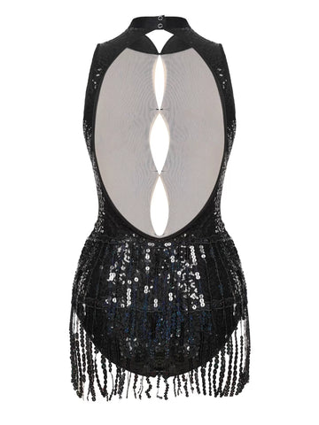 Women Sleeveless Backless Sequins Tassel Ballet Jazz Dance Leotard