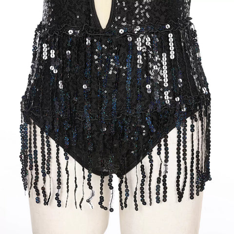 Women Sleeveless Backless Sequins Tassel Ballet Jazz Dance Leotard