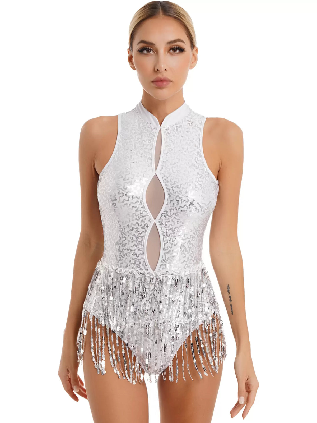 Women Sleeveless Backless Sequins Tassel Ballet Jazz Dance Leotard