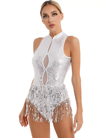 Women Sleeveless Backless Sequins Tassel Ballet Jazz Dance Leotard