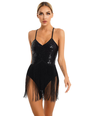 Women V Neck Straps Sequins Tassel Latin Dance Leotard