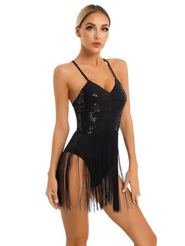 Women V Neck Straps Sequins Tassel Latin Dance Leotard