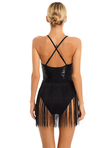 Women V Neck Straps Sequins Tassel Latin Dance Leotard