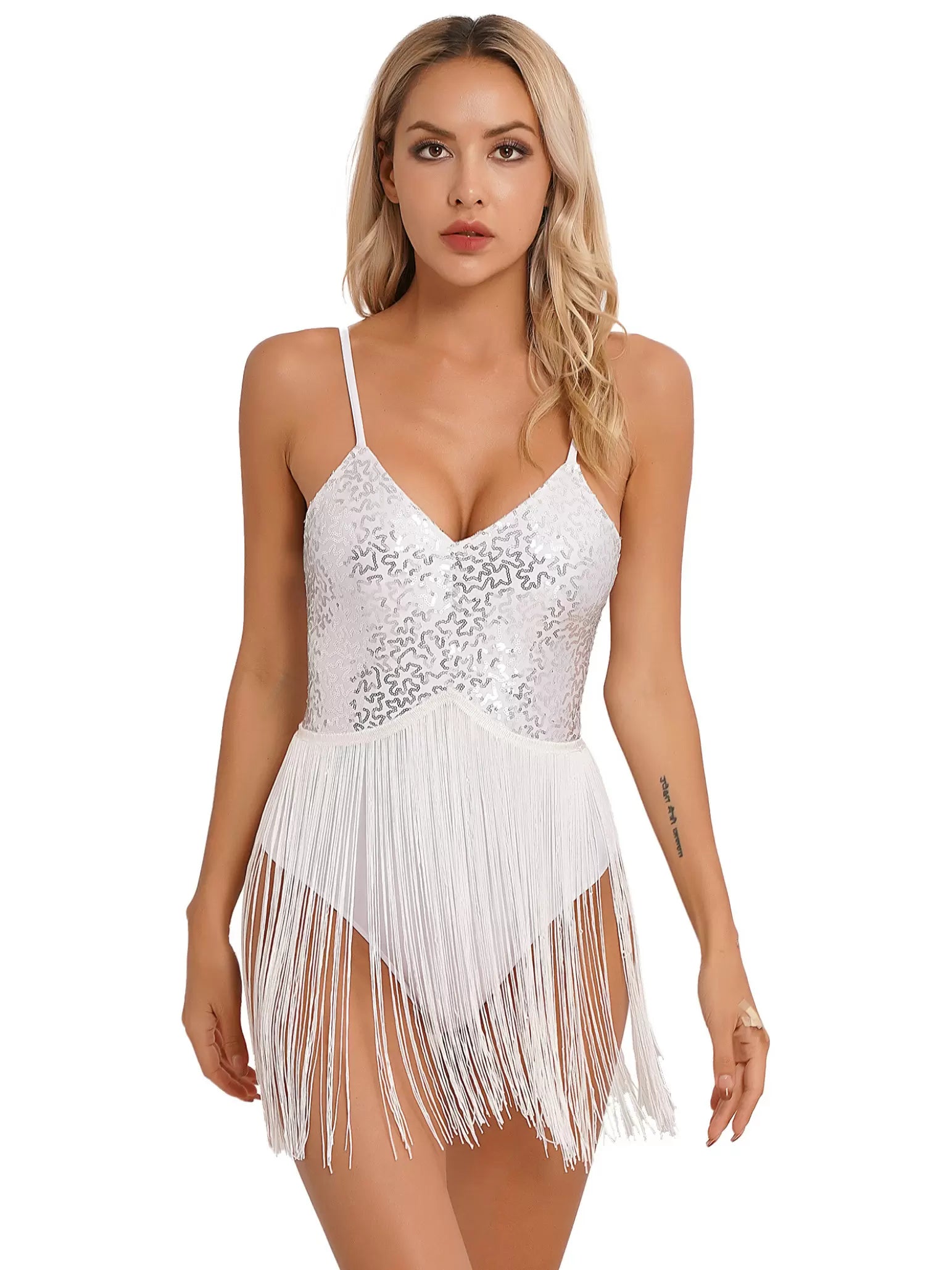 Women V Neck Straps Sequins Tassel Latin Dance Leotard