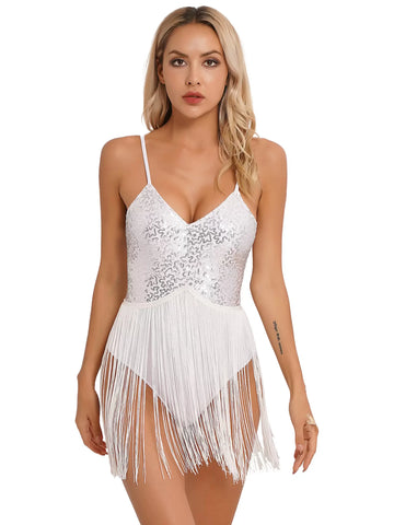 Women V Neck Straps Sequins Tassel Latin Dance Leotard