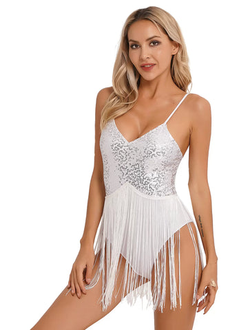 Women V Neck Straps Sequins Tassel Latin Dance Leotard