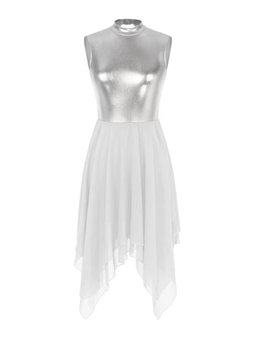 Women Metallic Sleeveless Asymmetrical Chiffon Lyrical Dance Dress