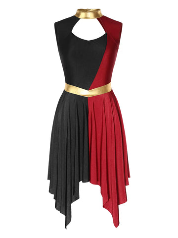 Women Sleeveless Colorblock Cutout Asymmetrical Worship Dance Dress