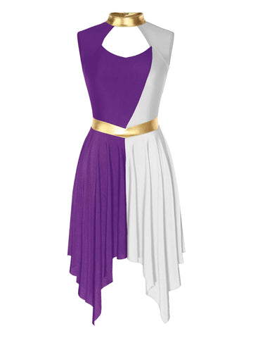 Women Sleeveless Colorblock Cutout Asymmetrical Worship Dance Dress