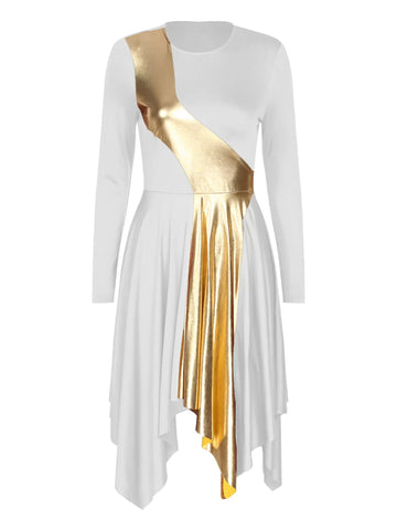 Women Long Sleeve Metallic Asymmetrical Worship Dance Dress