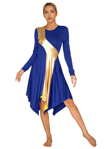 Women Long Sleeve Metallic Asymmetrical Worship Dance Dress