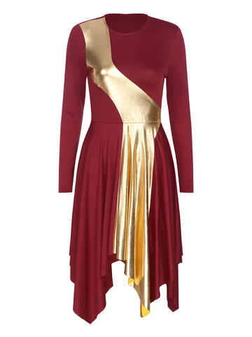 Women Long Sleeve Metallic Asymmetrical Worship Dance Dress