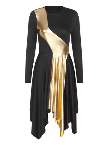 Women Long Sleeve Metallic Asymmetrical Worship Dance Dress