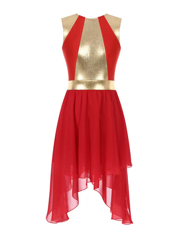 Women Sleeveless Metallic Asymmetrical Hem Praise Dance Dress