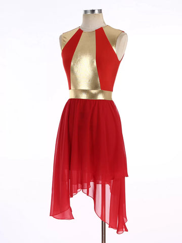 Women Sleeveless Metallic Asymmetrical Hem Praise Dance Dress