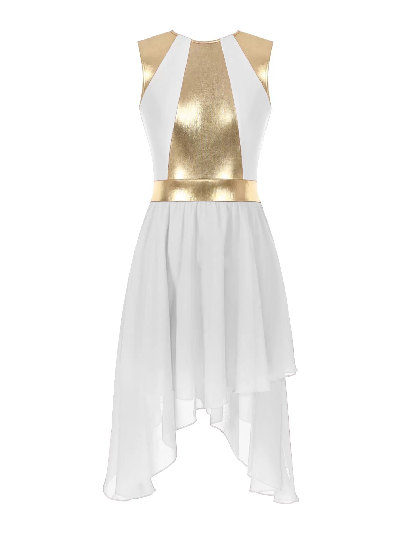 Women Sleeveless Metallic Asymmetrical Hem Praise Dance Dress