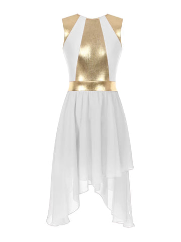 Women Sleeveless Metallic Asymmetrical Hem Praise Dance Dress