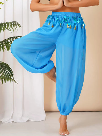 Women Side Slit Sequins Semi See-Though Belly Dance Pants