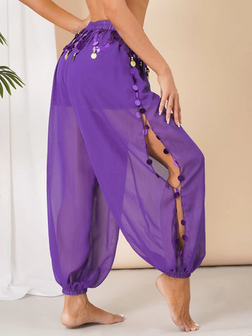 Women Side Slit Sequins Semi See-Though Belly Dance Pants