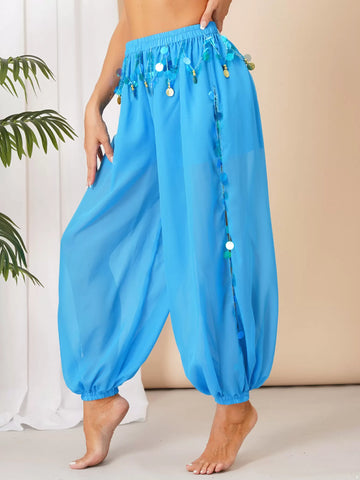 Women Side Slit Sequins Semi See-Though Belly Dance Pants