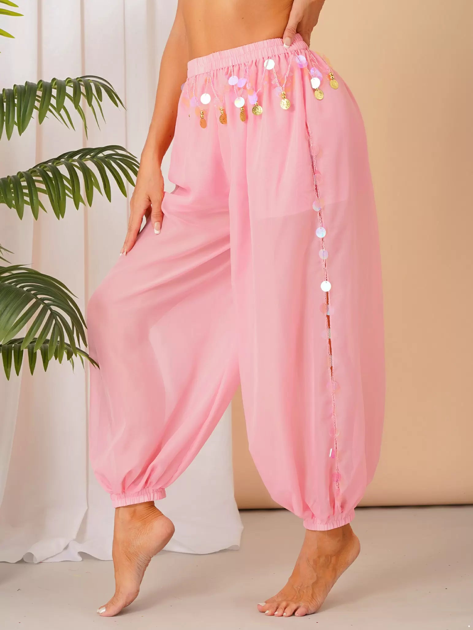 Women Side Slit Sequins Semi See-Though Belly Dance Pants