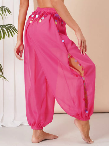 Women Side Slit Sequins Semi See-Though Belly Dance Pants