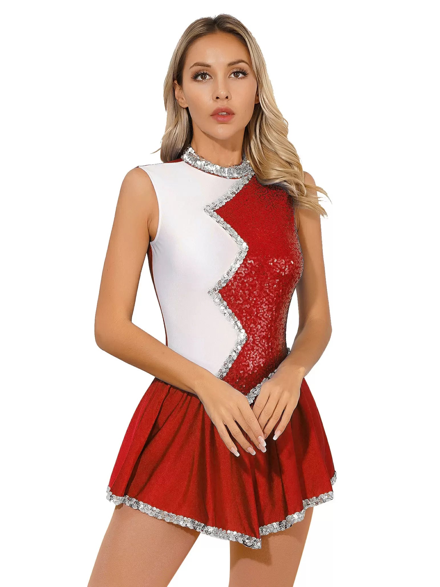 Women Sleeveless Sequin Colorblock Figure Skating Leotard Dress