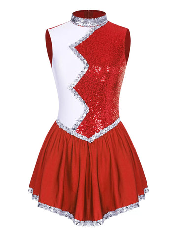 Women Sleeveless Sequin Colorblock Figure Skating Leotard Dress