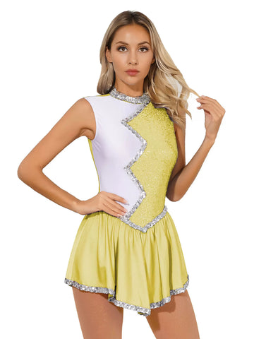 Women Sleeveless Sequin Colorblock Figure Skating Leotard Dress