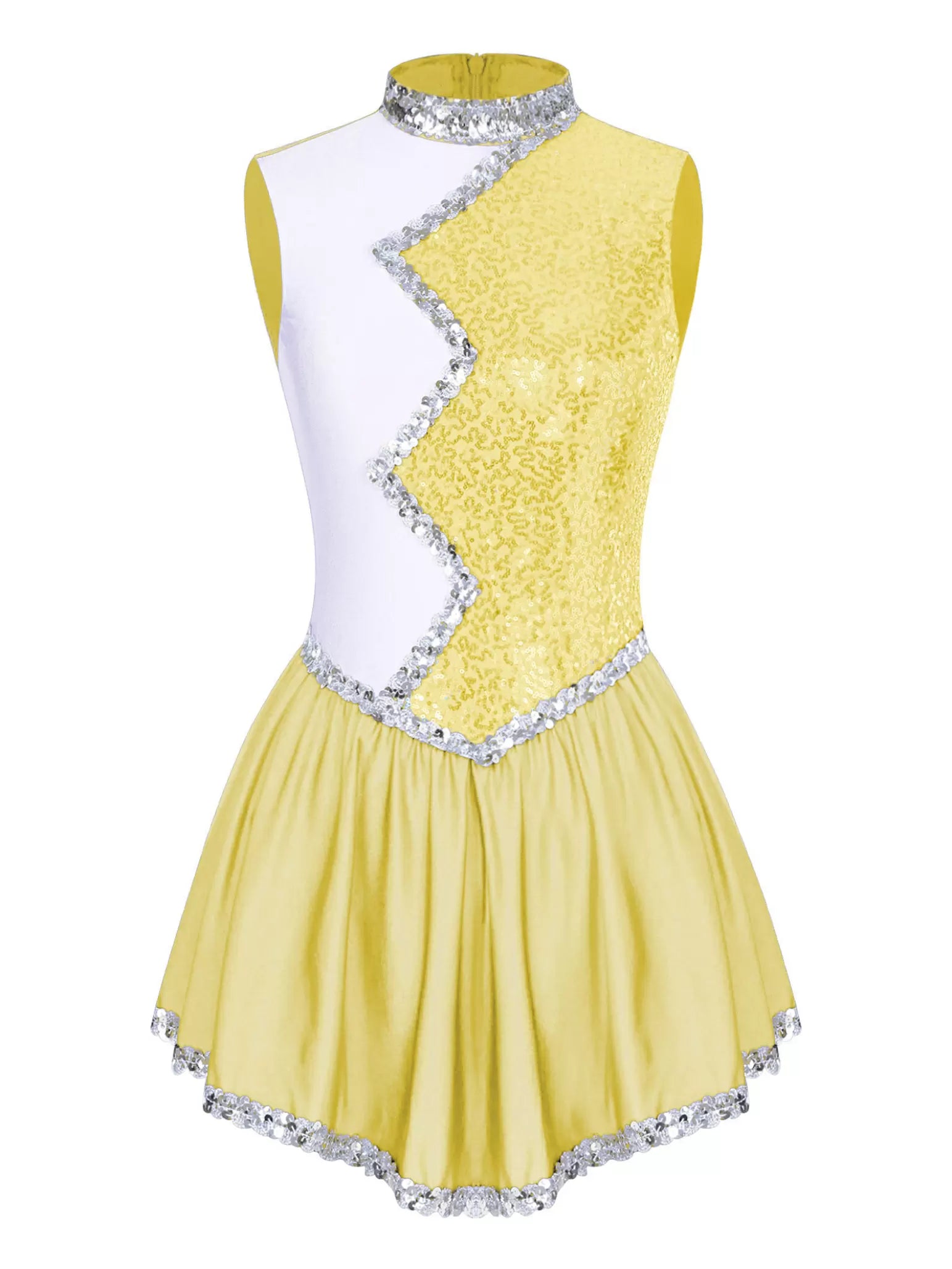 Women Sleeveless Sequin Colorblock Figure Skating Leotard Dress