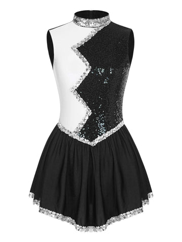 Women Sleeveless Sequin Colorblock Figure Skating Leotard Dress