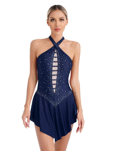 Women Halter Neck Sleeveless Rhinestones Figure Skating Leotard Dress