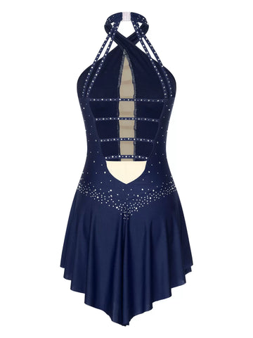 Women Halter Neck Sleeveless Rhinestones Figure Skating Leotard Dress