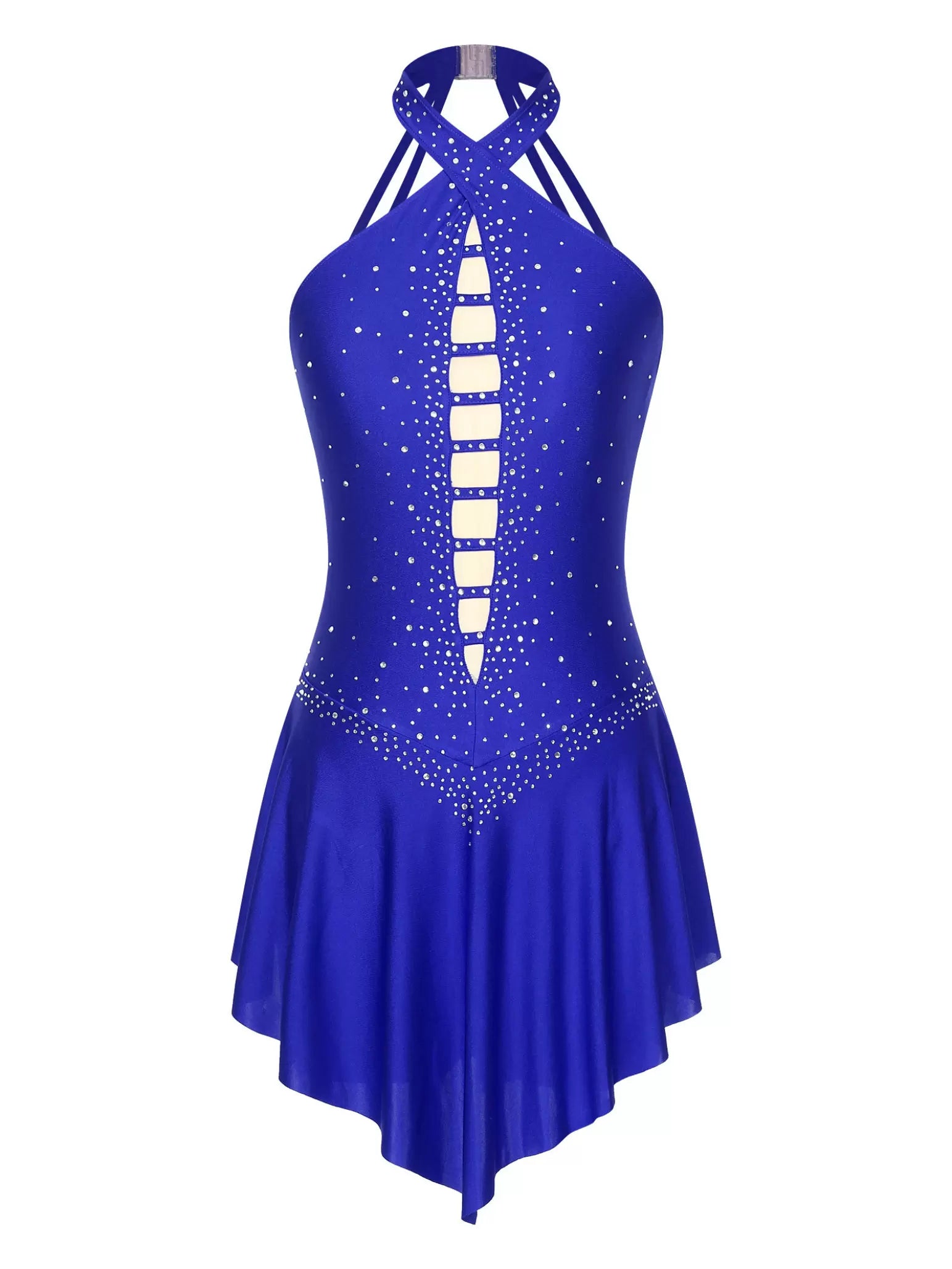 Women Halter Neck Sleeveless Rhinestones Figure Skating Leotard Dress