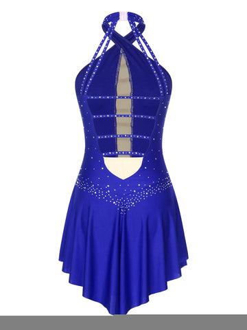 Women Halter Neck Sleeveless Rhinestones Figure Skating Leotard Dress