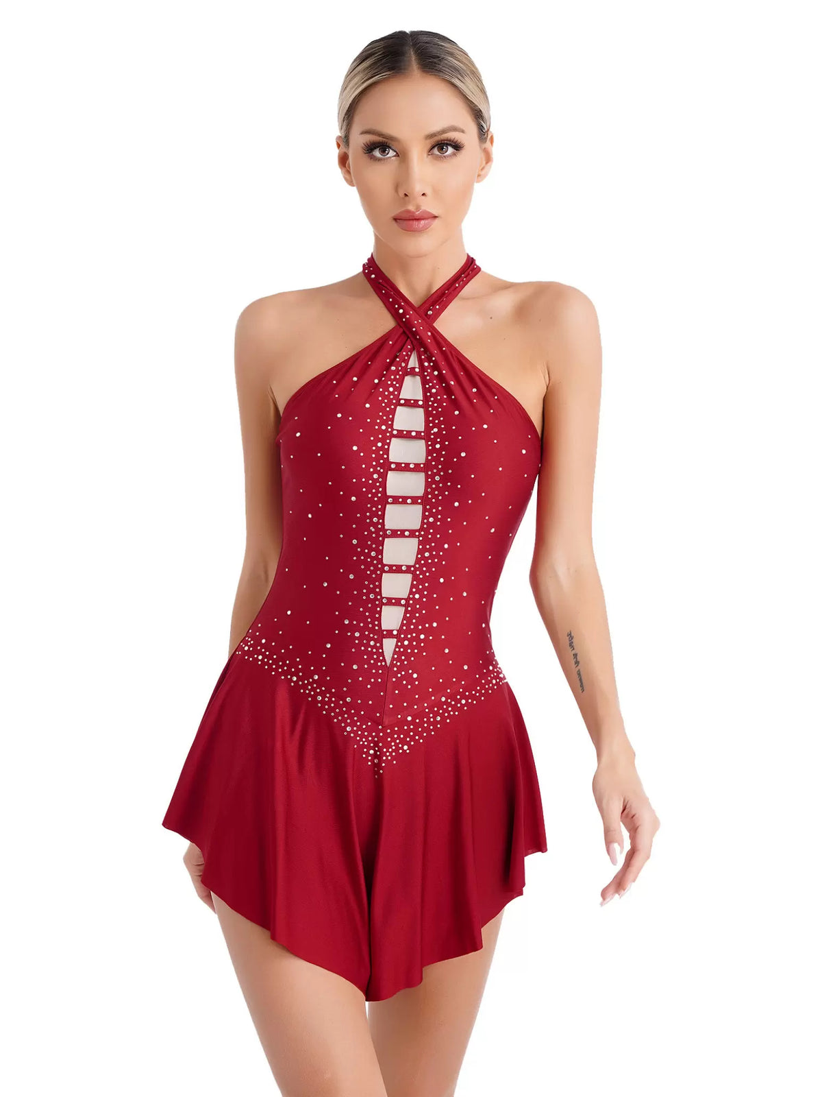 Women Halter Neck Sleeveless Rhinestones Figure Skating Leotard Dress