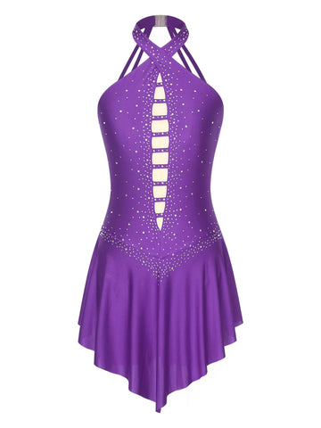 Women Halter Neck Sleeveless Rhinestones Figure Skating Leotard Dress