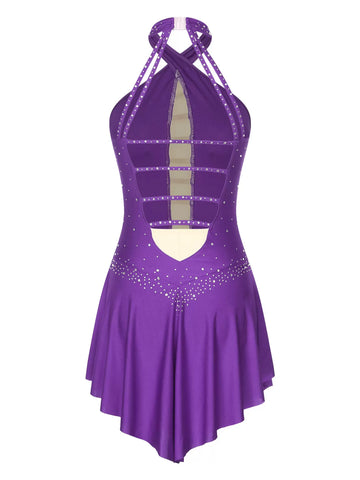 Women Halter Neck Sleeveless Rhinestones Figure Skating Leotard Dress