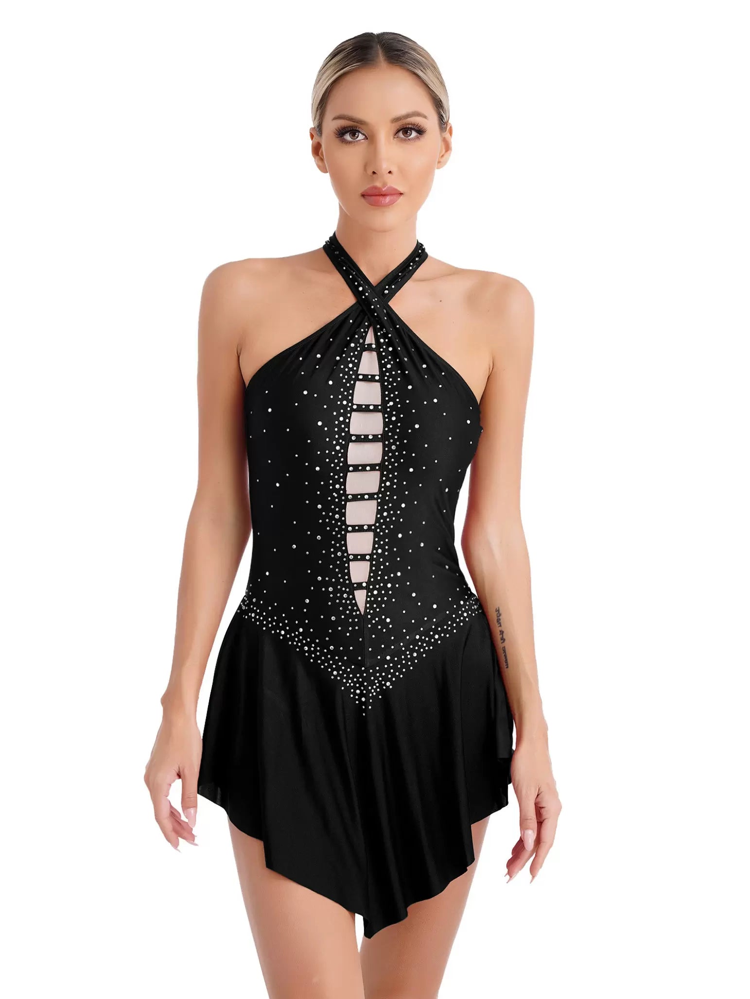 Women Halter Neck Sleeveless Rhinestones Figure Skating Leotard Dress