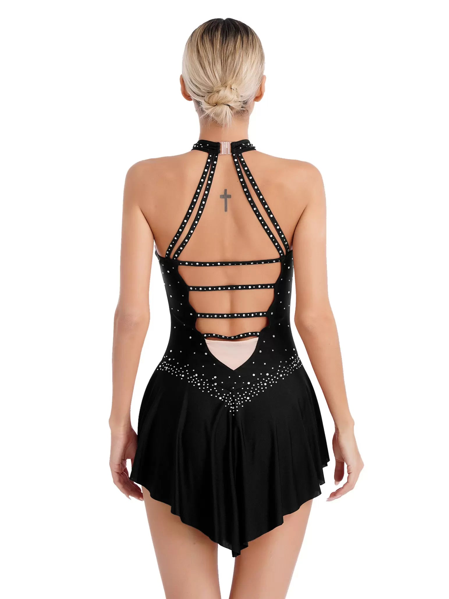 Women Halter Neck Sleeveless Rhinestones Figure Skating Leotard Dress